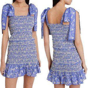 LoveShackFancy Belle Smocked Tie Straps Cotton Mini Dress Blue Jay Floral Print